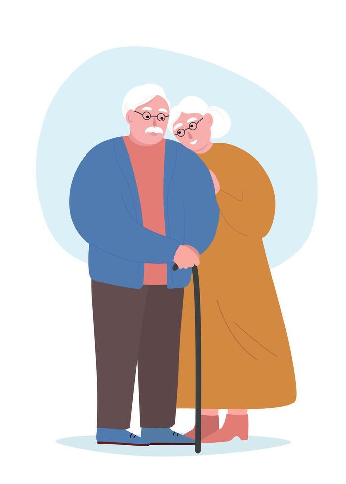 Elderly couple in full growth hug each other, happy together. Old man and woman gray-haired in glasses with a cane are happy with life, love each other. flat graphics. vector