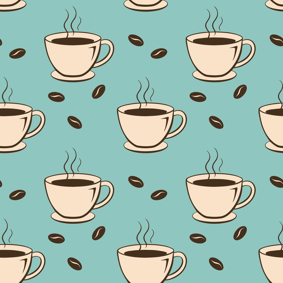 Coffee vibe. Seamless pattern with coffee cups and coffee beans. Restaurant menu background or kitchen wallpaper design. vector