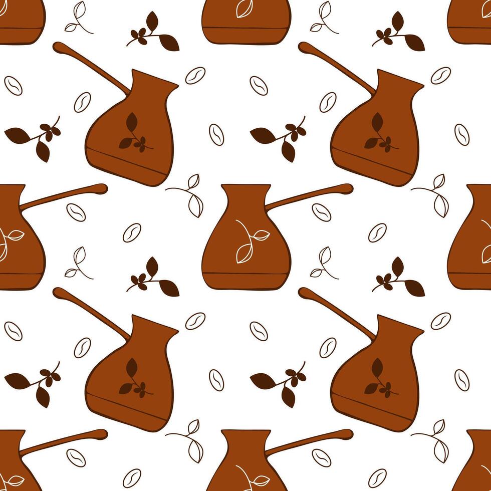 Coffee cezve and beans pattern, hand-drawn doodle drawings of coffee cezves and branches with coffee tree fruits. vector
