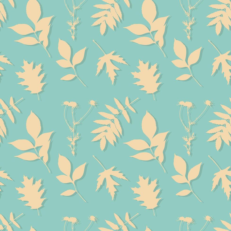 Pattern with stamp imprints leaves, botanical silhouettes on light blue background. vector