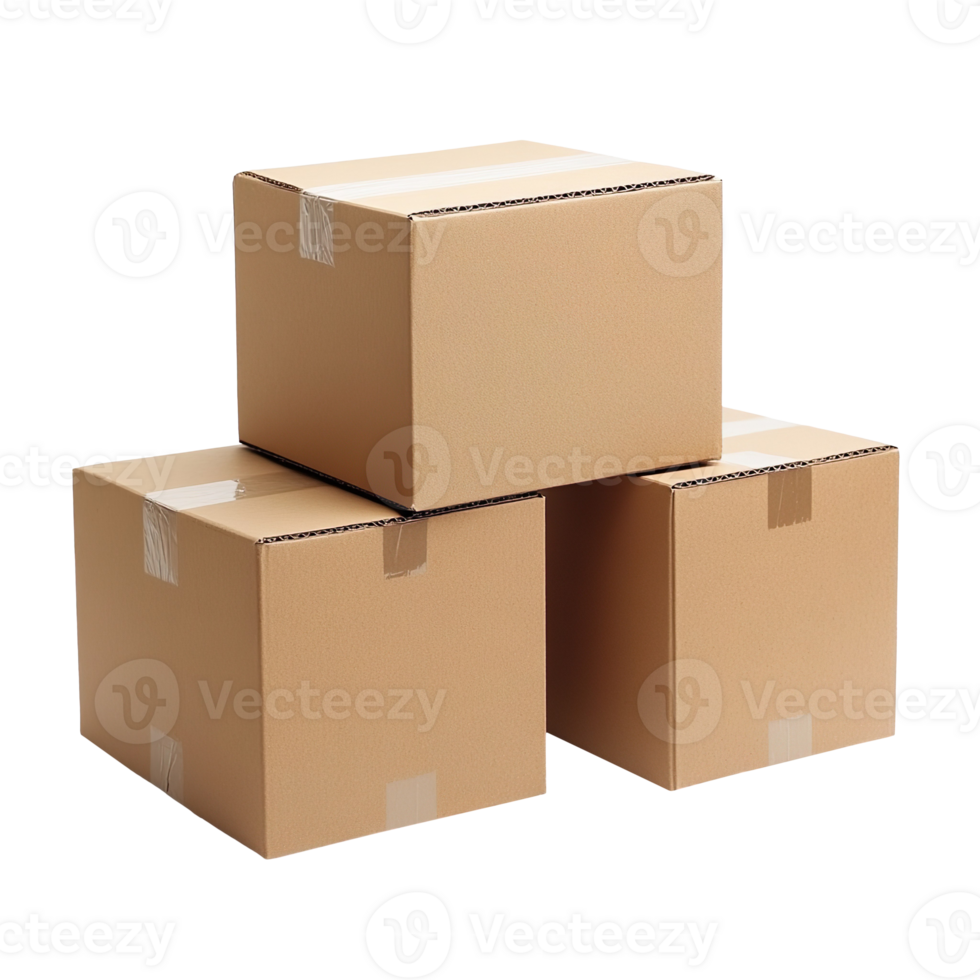 Stack of Three Plain brown Cardboard Boxes isolated on transparent background png