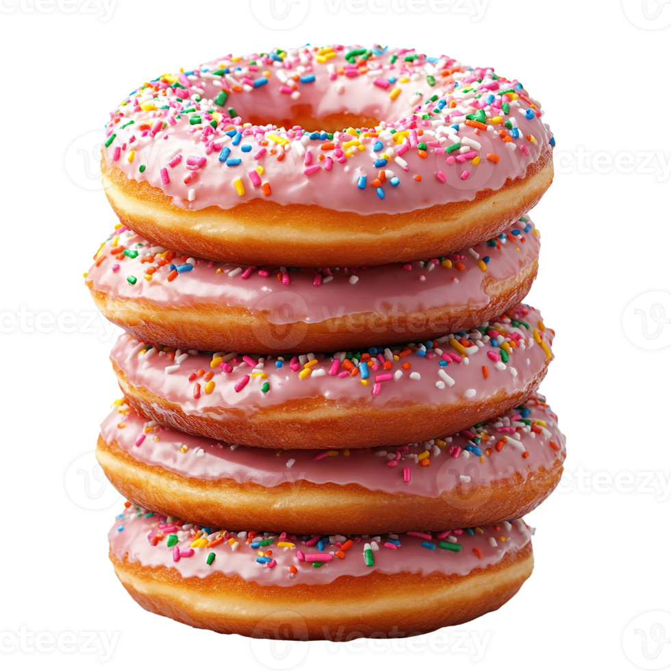 Stack of donuts with pink icing and colorful sprinkles isolated on transparent background png