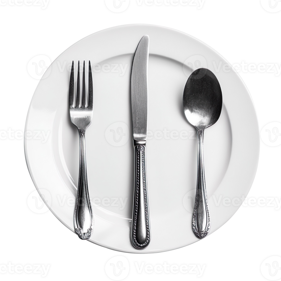 Stainless steel plate fork spoon and knife isolated on transparent background png