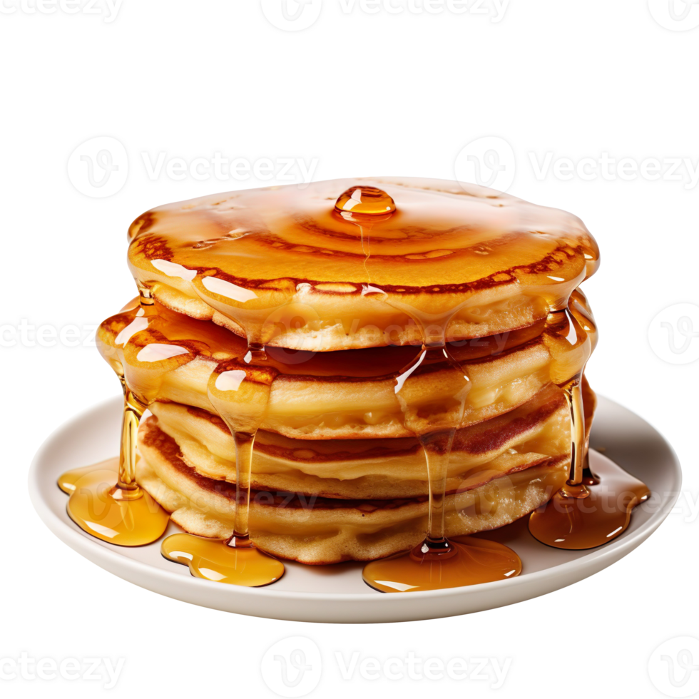 Stack of tasty pancakes with honey isolated on transparent background png