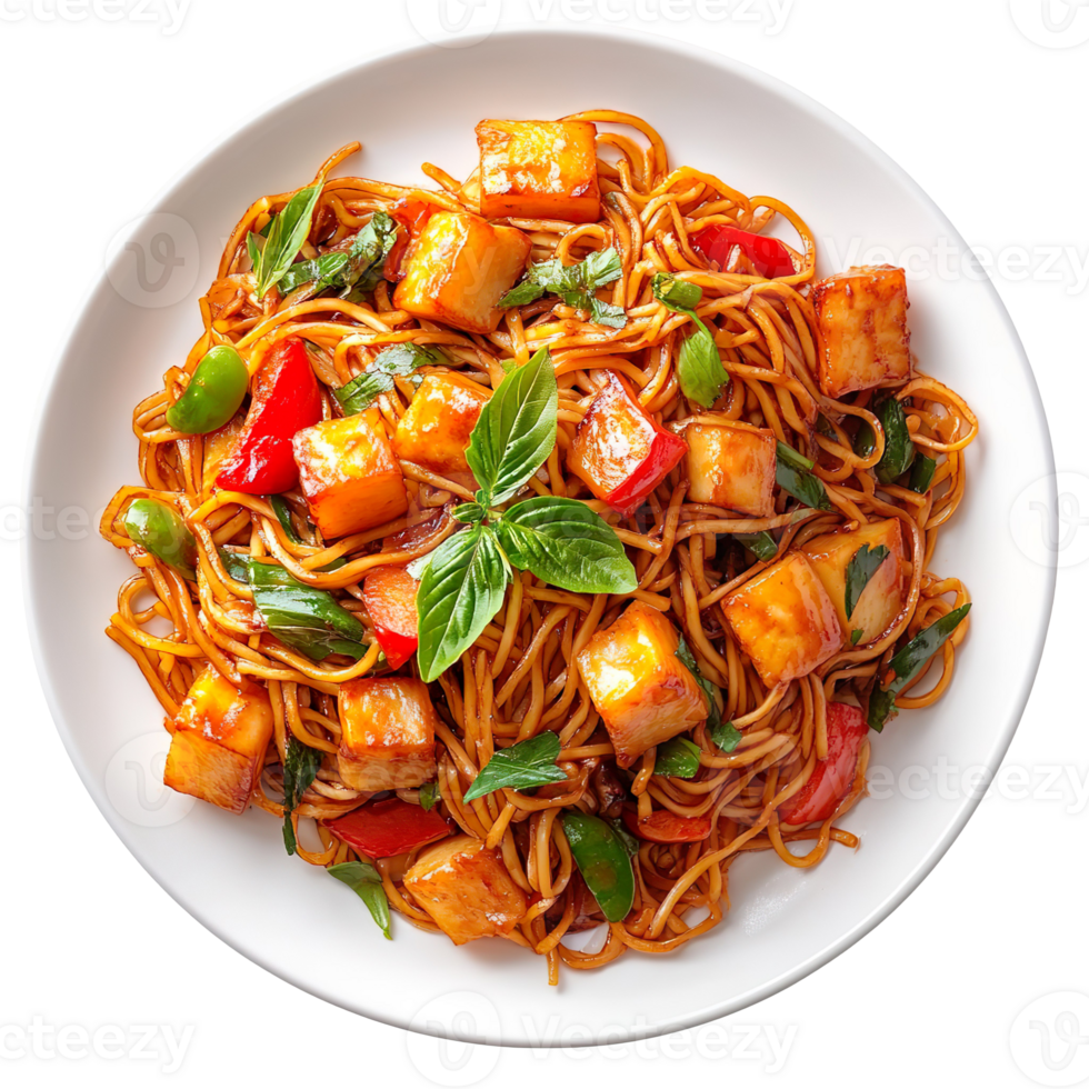 Stir-Fried Noodles with Vibrant Vegetables on a White Plate isolated on transparent background png