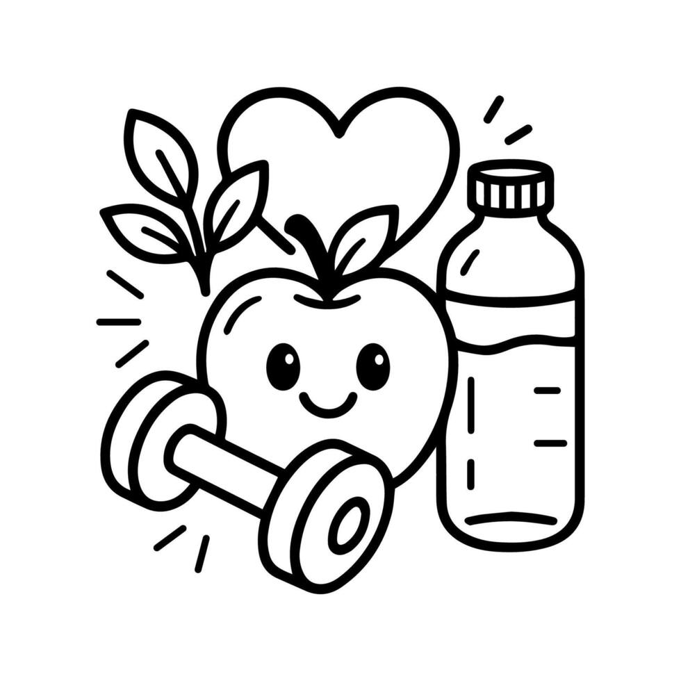 Cartoon apple, dumbbell, water bottle, heart, leaves promote healthy living vector