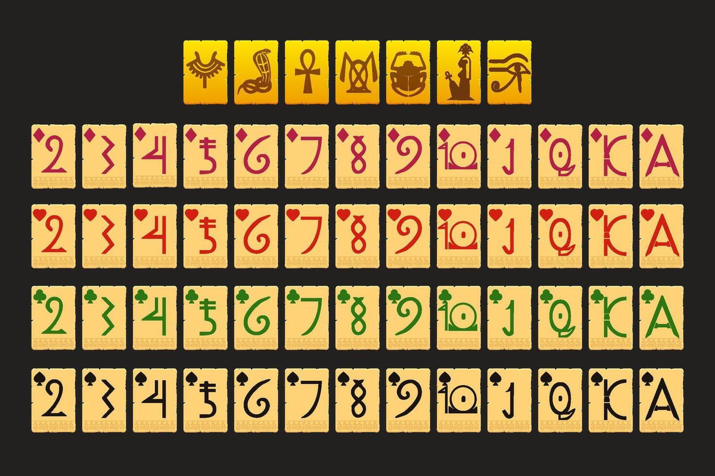 Egyptian Full deck of playing cards. Set with isolated cards for Poker or Solitaire game UI. Each card on a separate layer. Seven suits playing card vector
