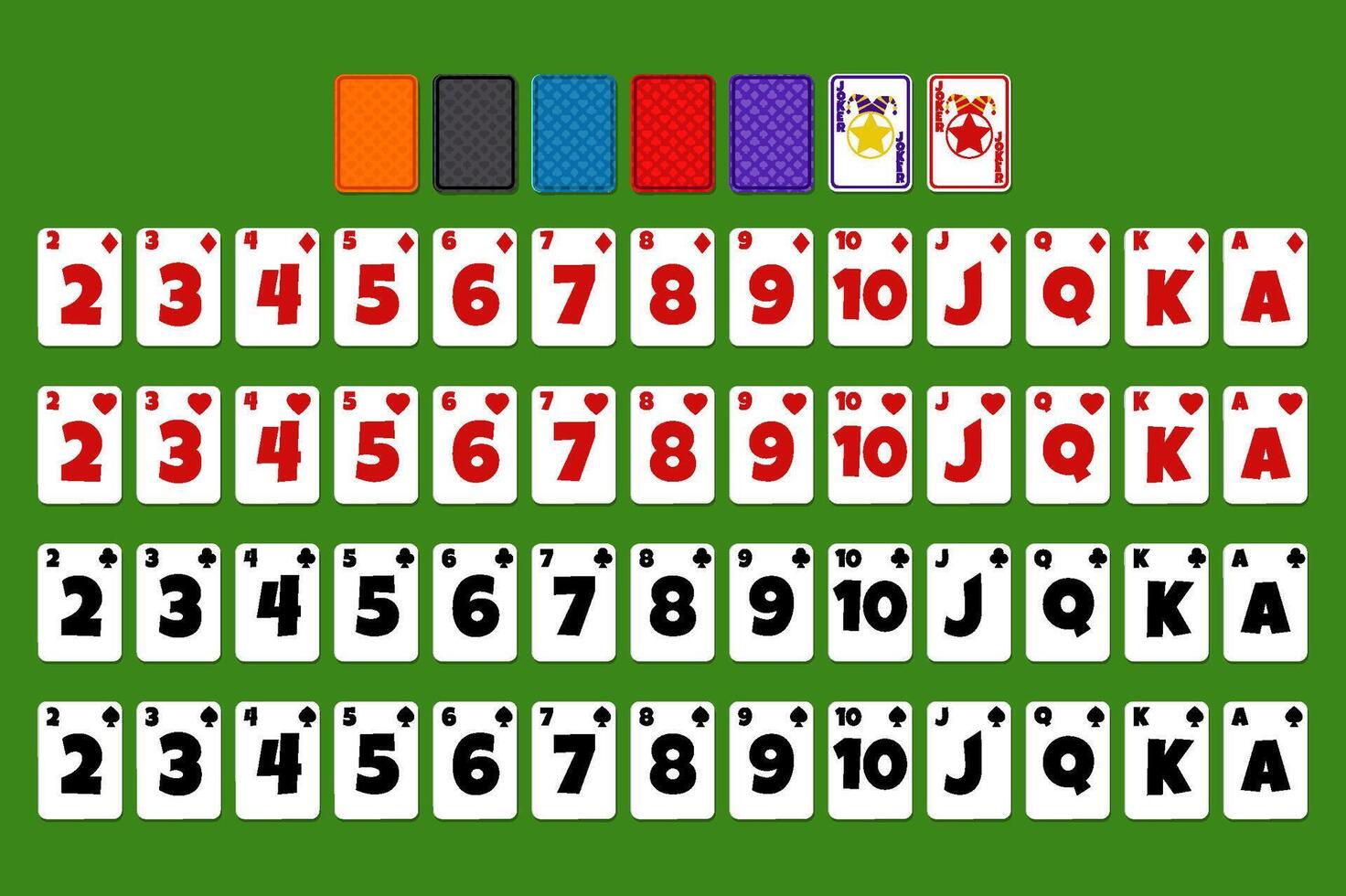 Cartoon Full deck of playing cards. Set with isolated cards for Poker or Solitaire game UI. Each card on a separate layer vector