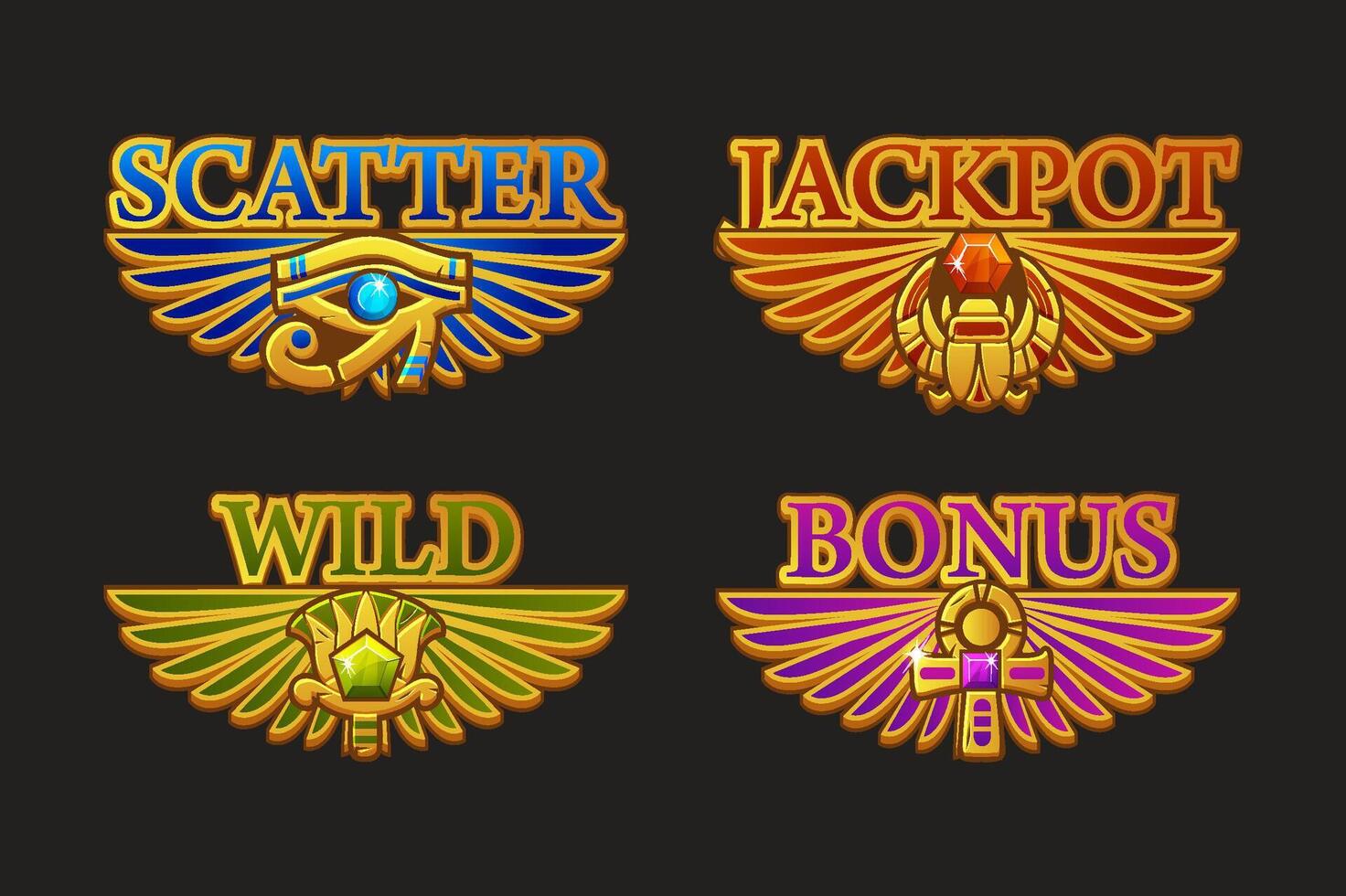 Colored UI symbols set-WILD,Jackpot, Bonus and Scatter for casino or slots games. Golden icons -Egyptian scarab, Lotus, Ankh and eye of Horus for game asset. vector
