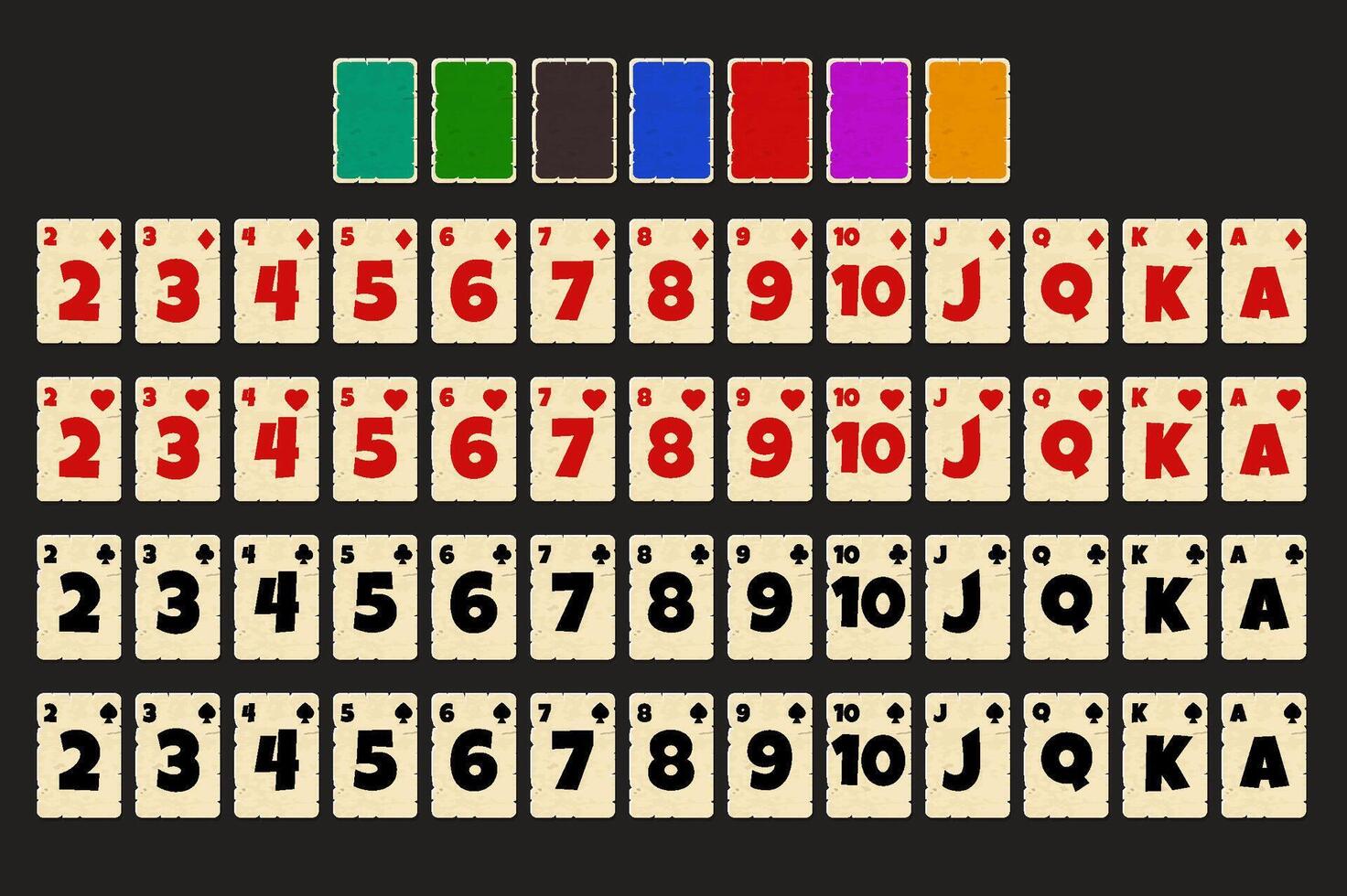 Cartoon Full deck of playing cards. Set with isolated cards for Poker or Solitaire game UI. Cartoon full deck of cards. Each card on a separate layer vector