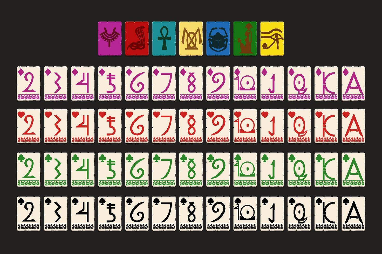 Egyptian Full deck of playing cards. Set with isolated cards for Poker or Solitaire game UI. Each card on a separate layer vector