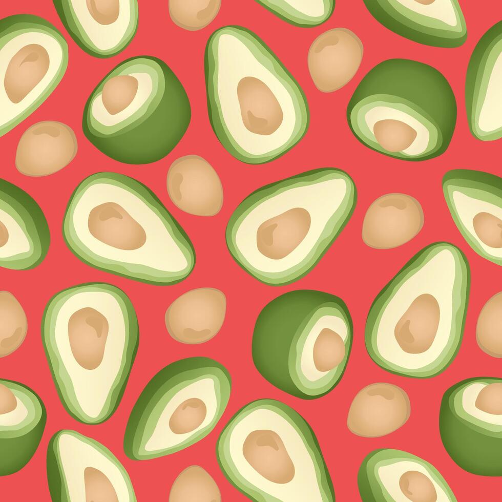 Seamless pattern with hand drawn avocado slice on red background. Design for fabric, kitchen decor, wallpaper. vector