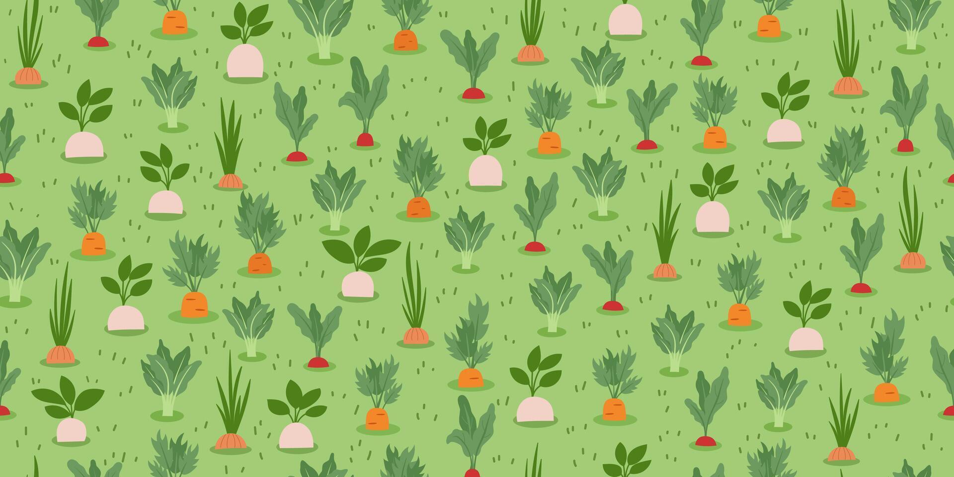 Gardening and farming concept seamless pattern. Nature background with different vegetables on green backdrop. Regenerative farming concept. vector