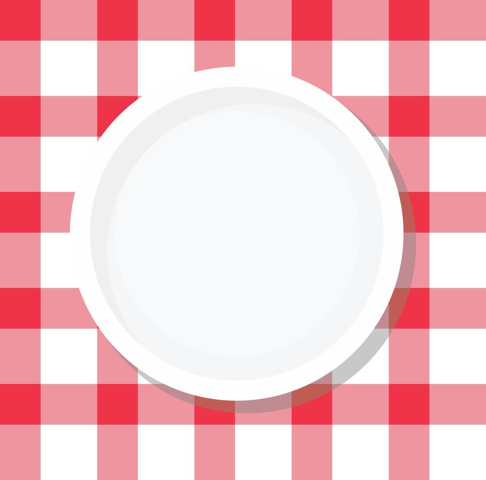 a white plate on a red checkered tablecloth vector