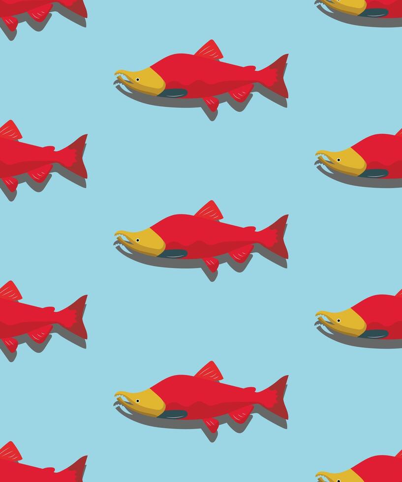 a fish pattern with salmon red and yellow fish on a blue background vector