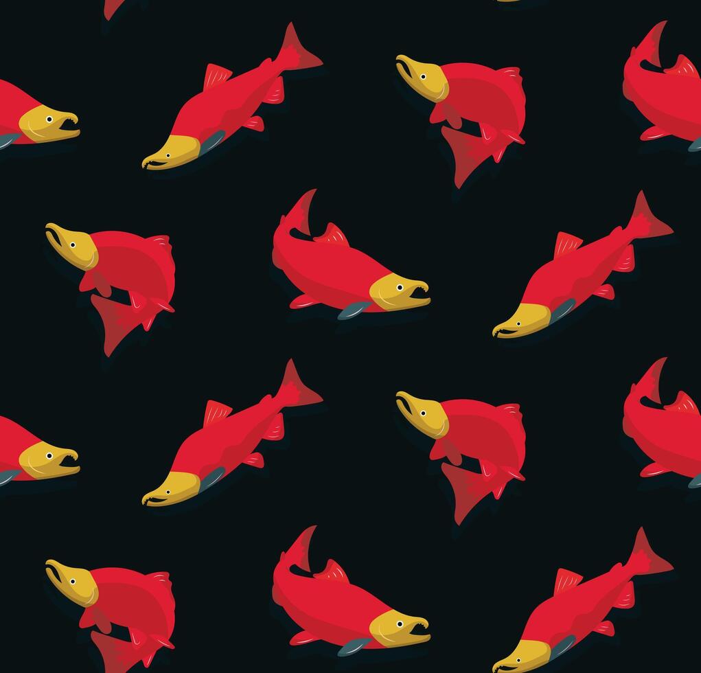 a pattern with red salmon fish on a black background vector