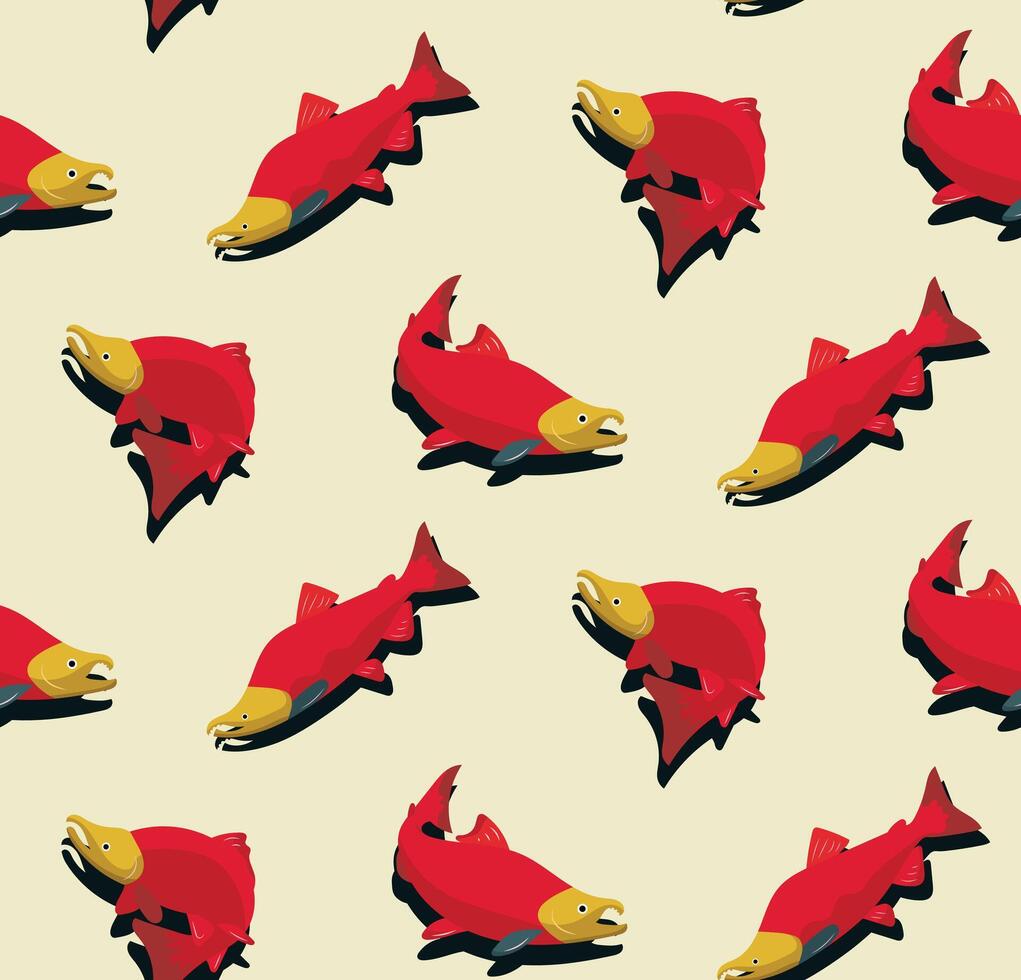 a pattern with red salmon fish on a beige background vector