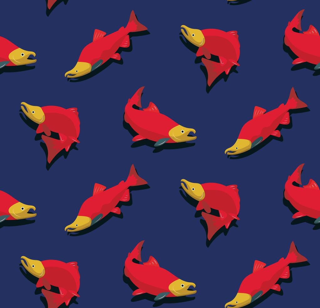 a pattern with red salmon fish on a blue background vector