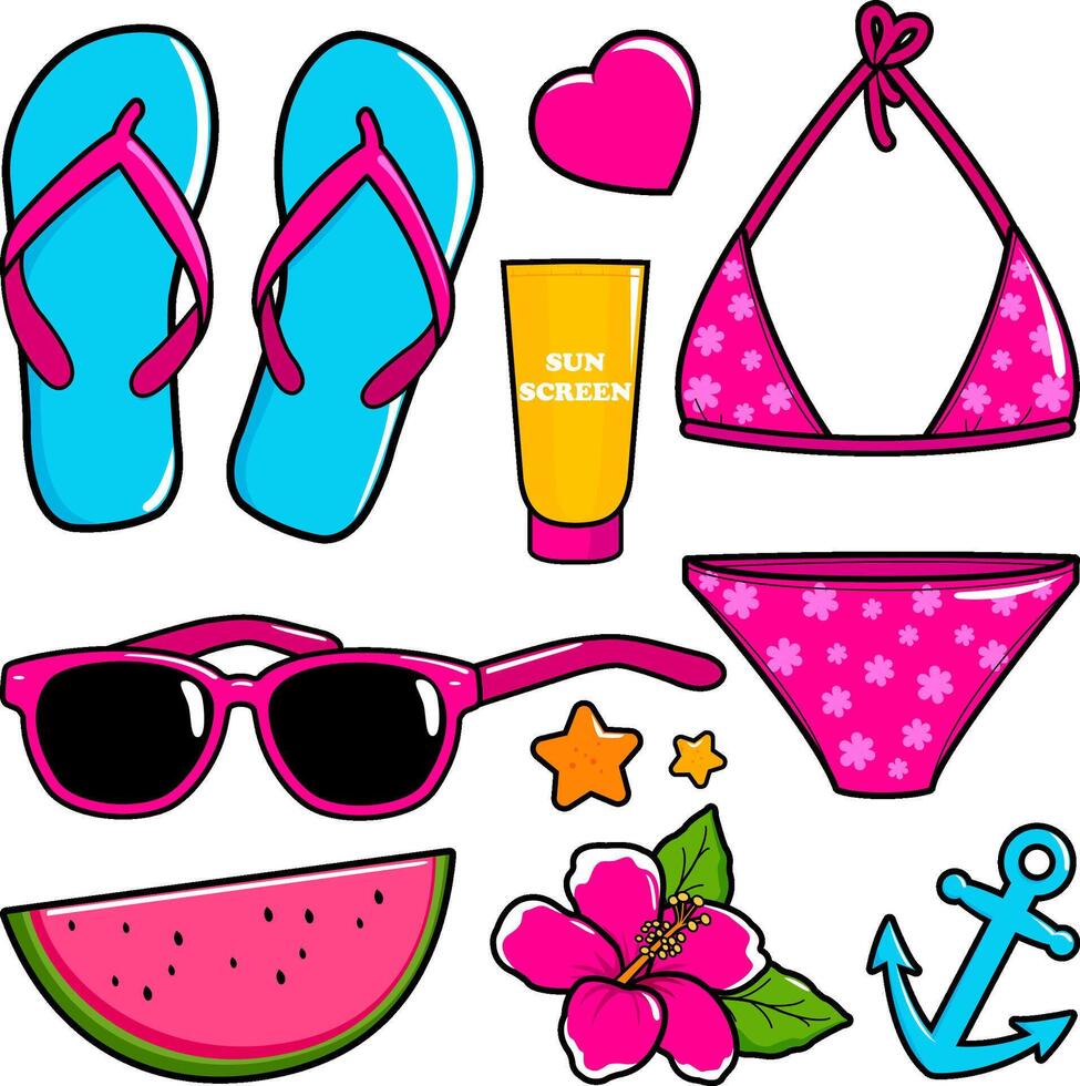 Beach summer vacation objects collection. Accessories for swimming at the island sea. Summer holidays set. vector