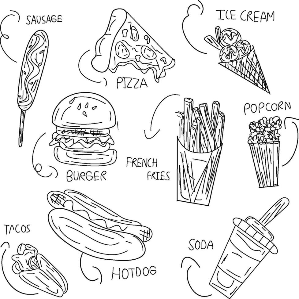 Set of fast food hand drawn illustration. Fast food on Isolated White Background. vector
