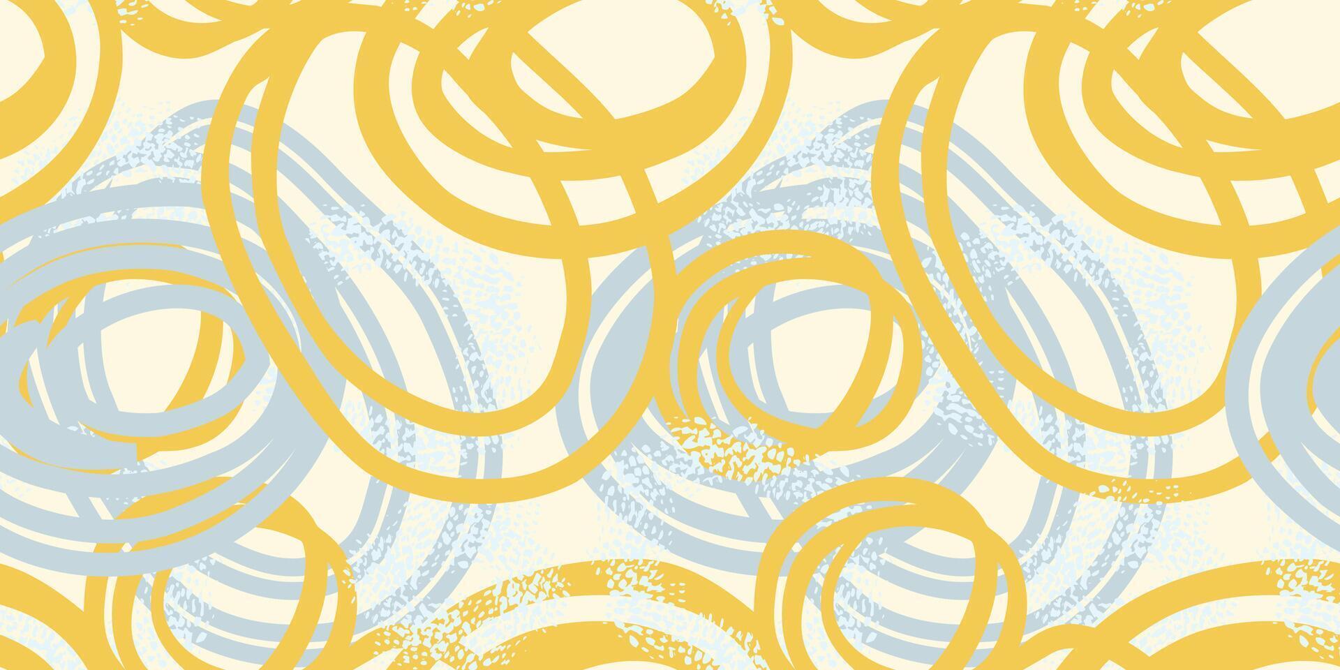 Seamless pattern with abstract hand drawn circles in yellow and blue tones. Dynamic, energetic brush strokes create a modern artistic design, perfect for textiles, packaging, wallpapers vector