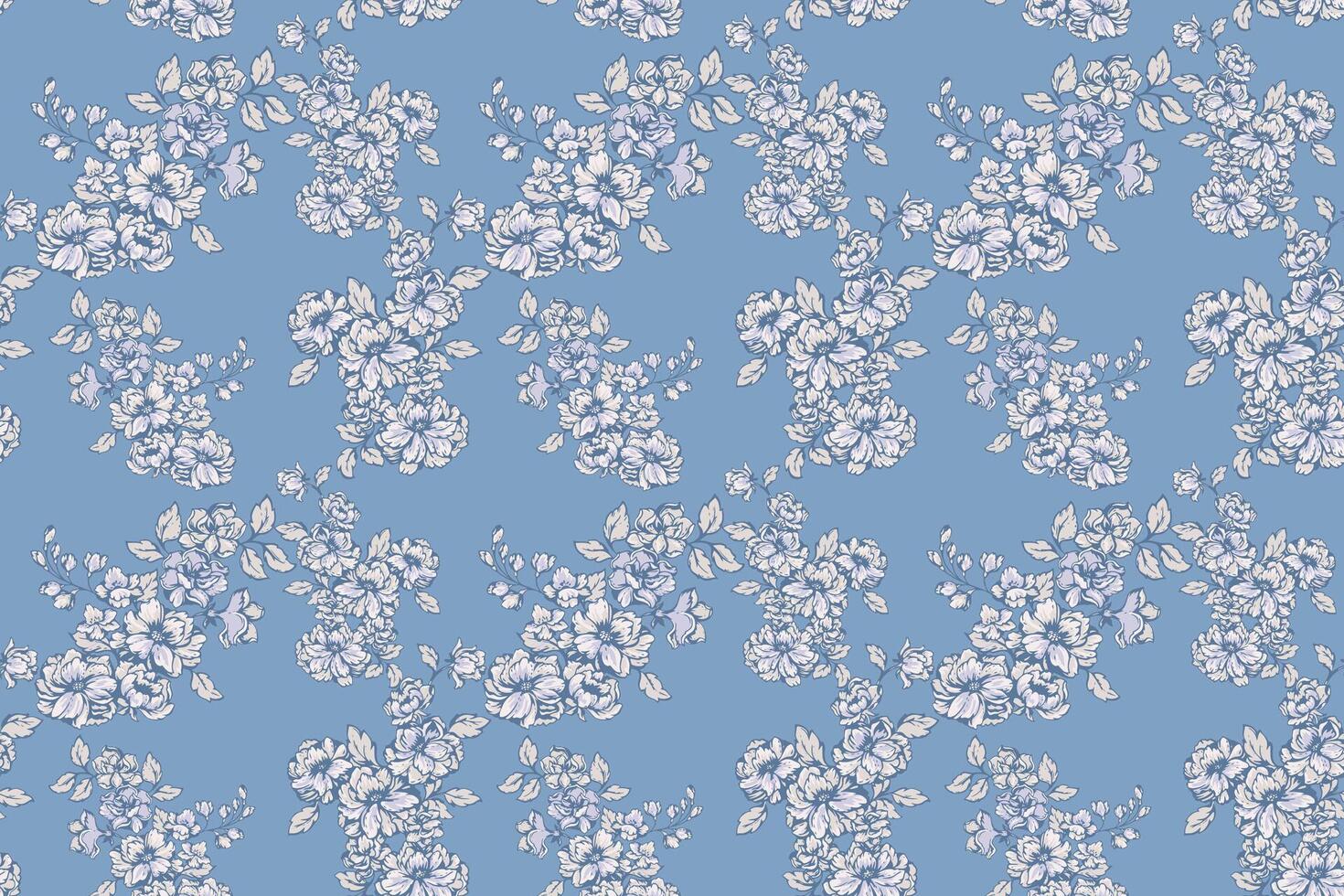Seamless floral pattern with detailed flower clusters on a soft blue background. Elegant and sophisticated design ideal for fabric, stationery, wallpapers, and fashion projects. vector