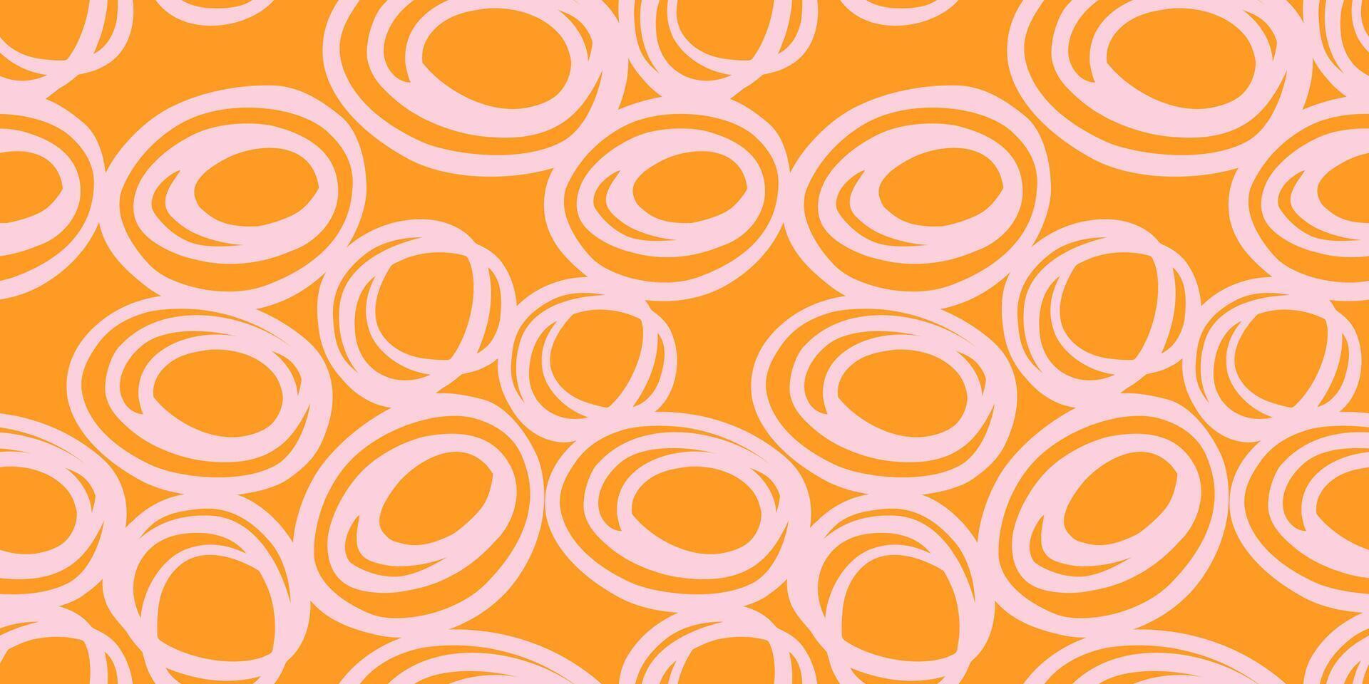 Seamless abstract pattern with hand drawn circle shapes in soft pink on a vibrant orange background. Bold and modern design, perfect for textiles, packaging, wallpapers, and trendy print vector