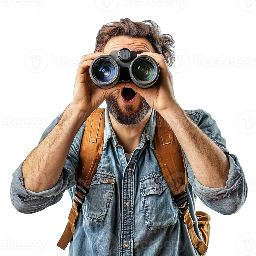 Surprised guy looking through binoculars isolated on transparent background png