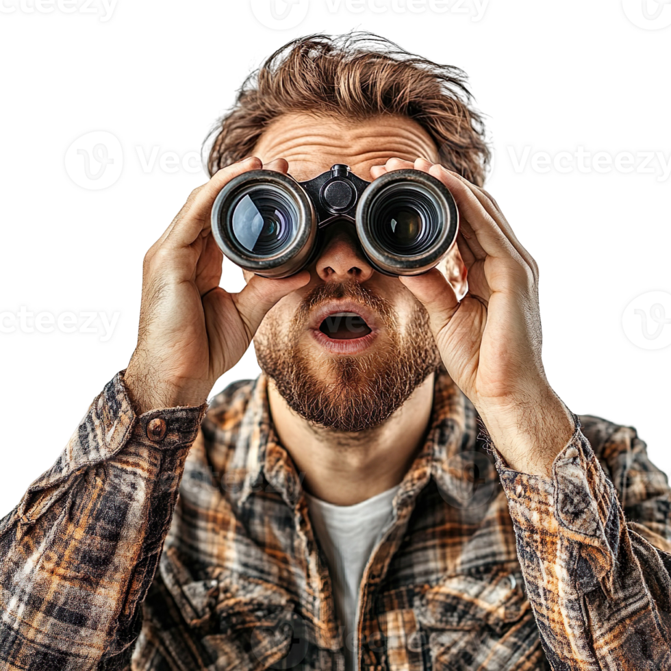 Surprised guy looking through binoculars isolated on a transparent background png
