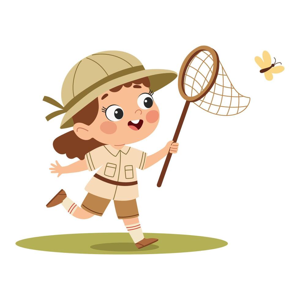 Cute little girl in safari costume with butterfly net Illustration Flat illustration in a simple children's style. vector