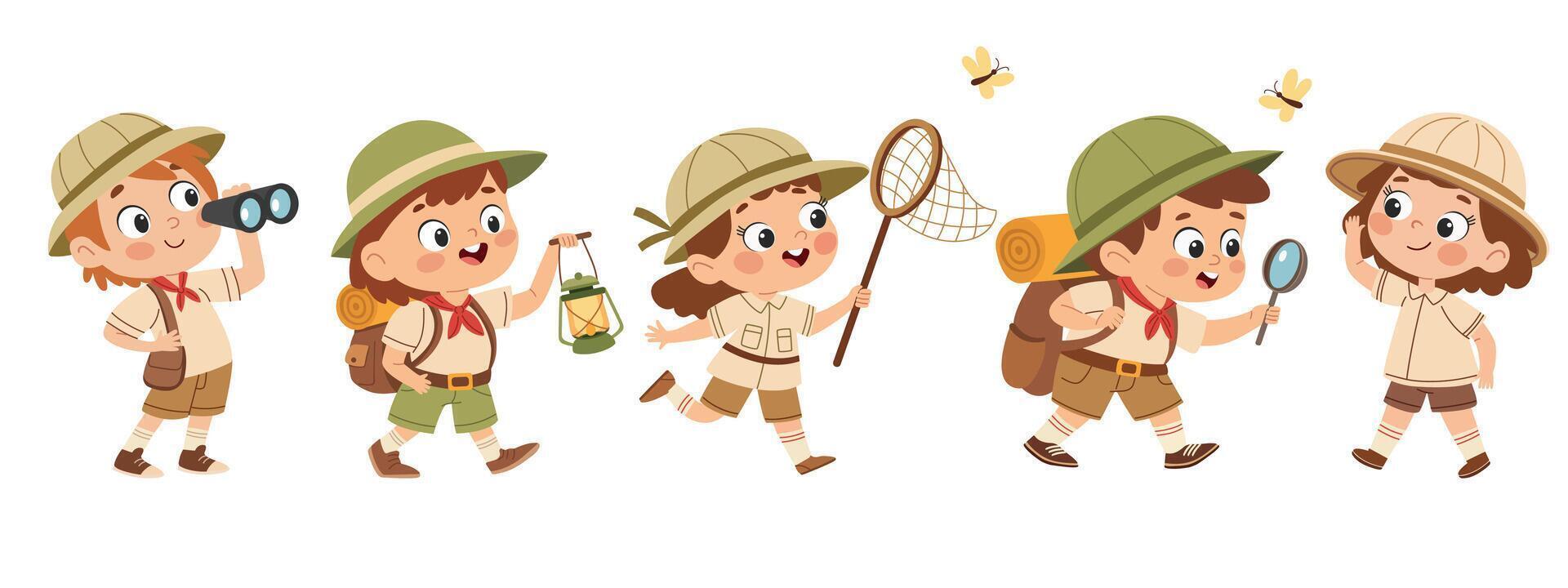 Happy cute kids summer camp holiday set. Scouting kids set. Cute little boy and girl scouts in uniform with camping equipment vector