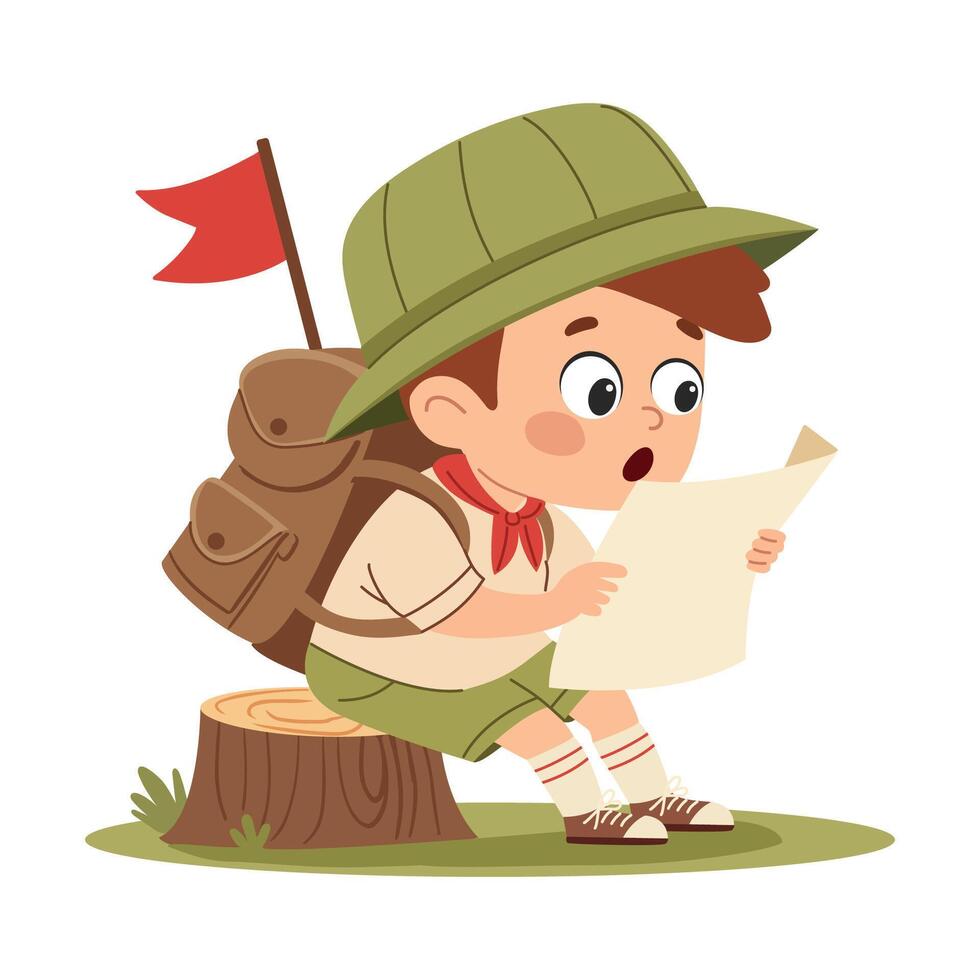 Boy scout with map and flag. Flat illustration in a simple children's style. vector