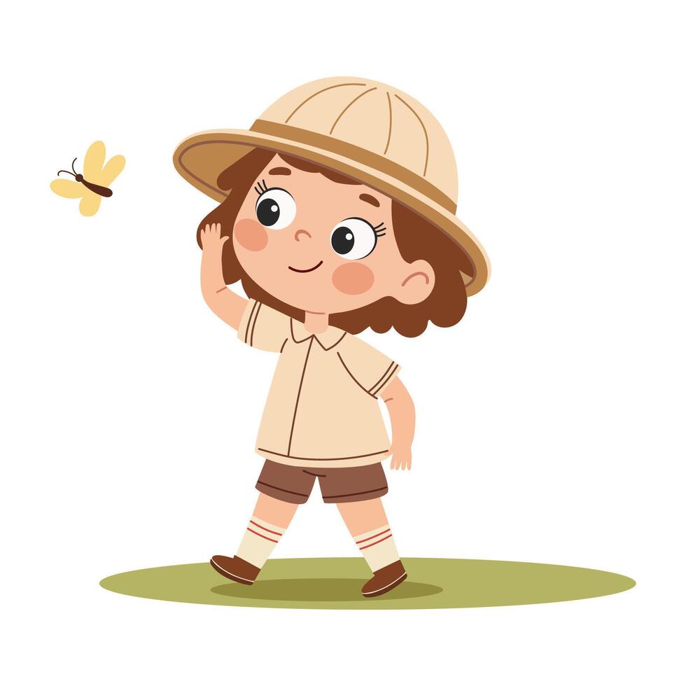 Cute little girl in safari hat with butterfly Illustration. Cute girl scout cartoon character. Flat illustration in a simple children's style. vector