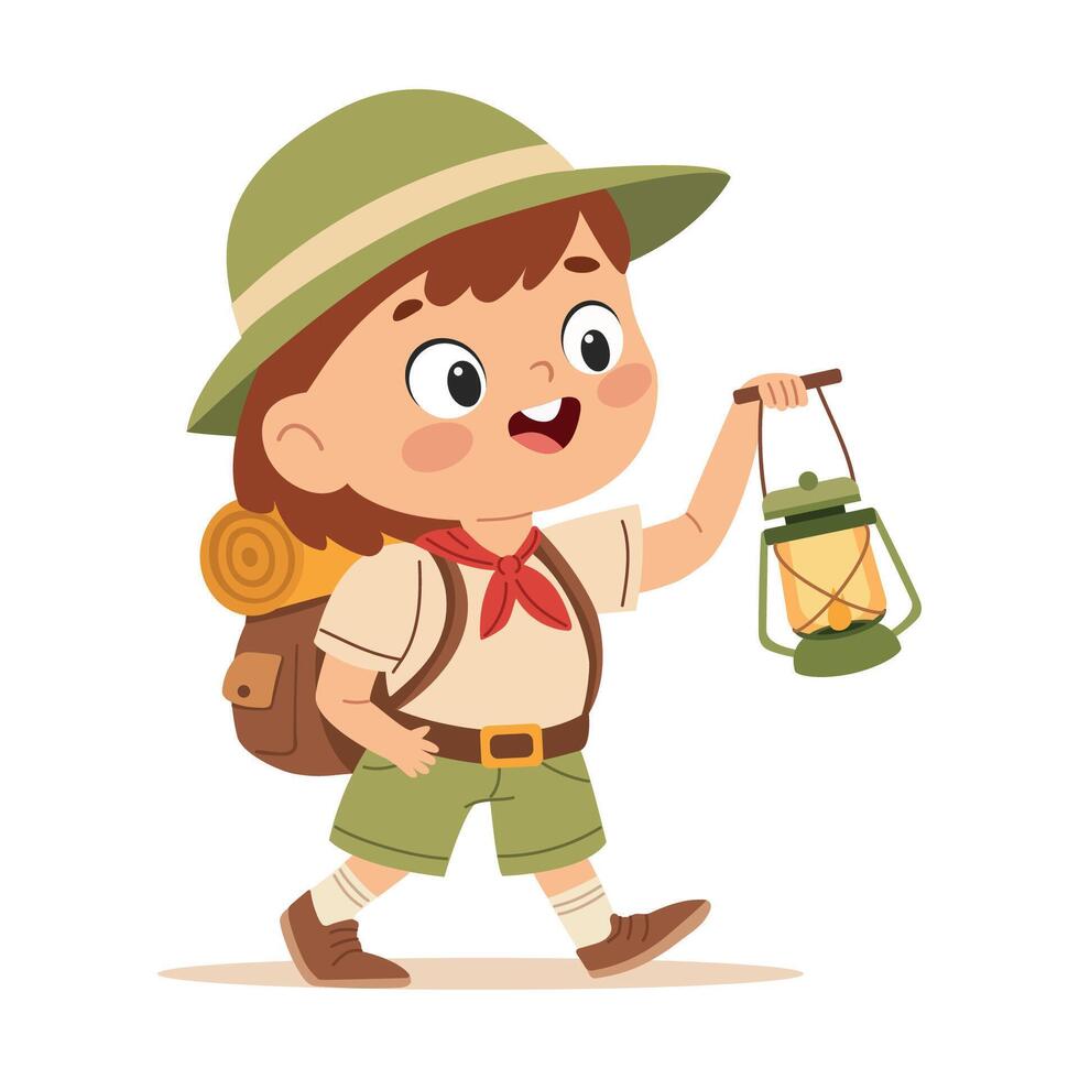 Cute little Boy Scout with backpack and lantern. Flat illustration in a simple children's style. vector
