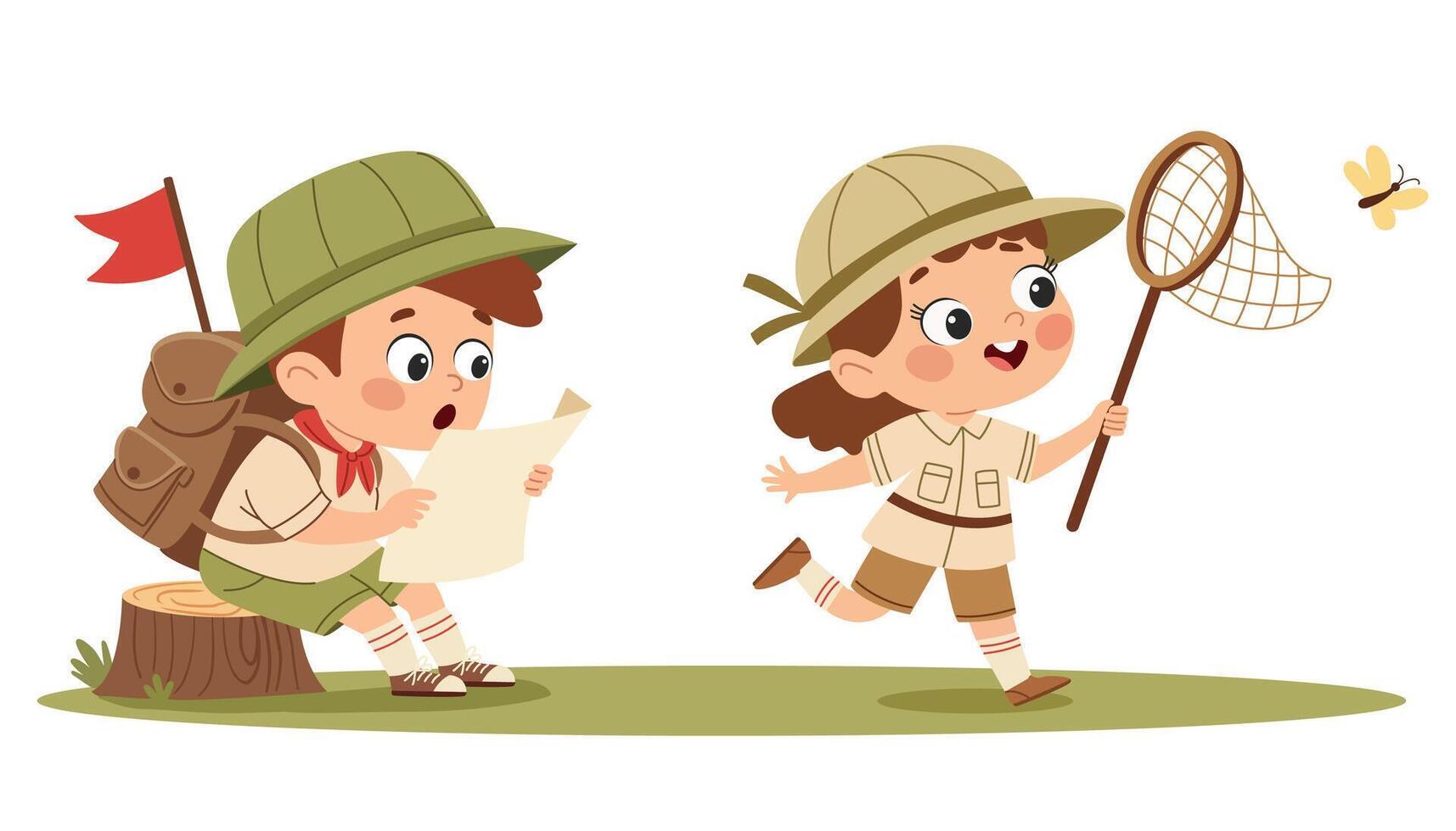 Scouting kids set. Cute little boy and girl scouts in uniform with camping equipment cartoon illustration vector
