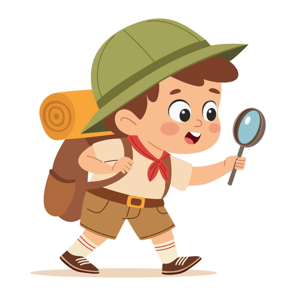Boy scout with a magnifying glass and a backpack. Khaki Uniform. Flat illustration in a simple children's style. vector