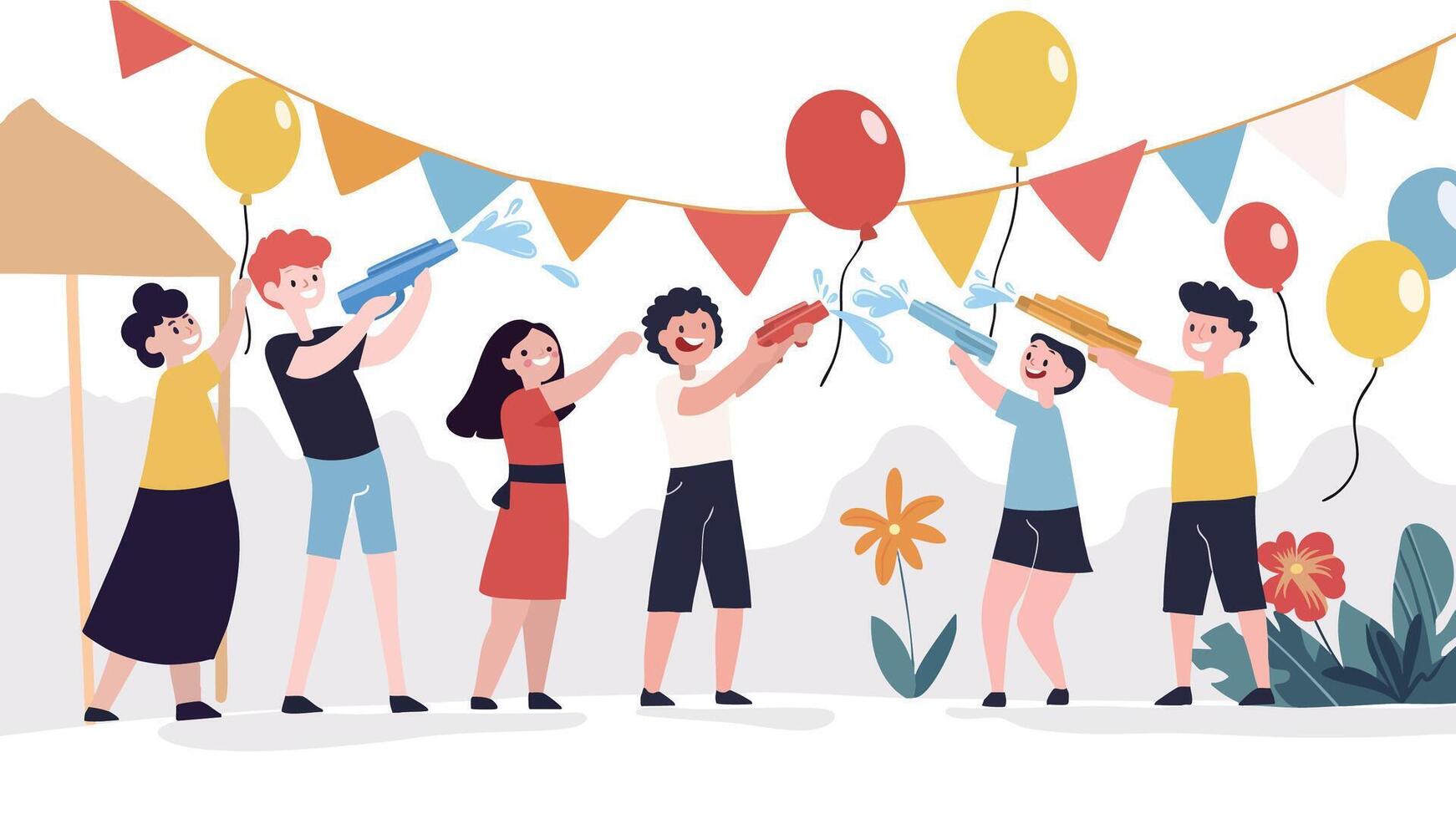 Group of people celebrating Songkran water festival outdoors vector
