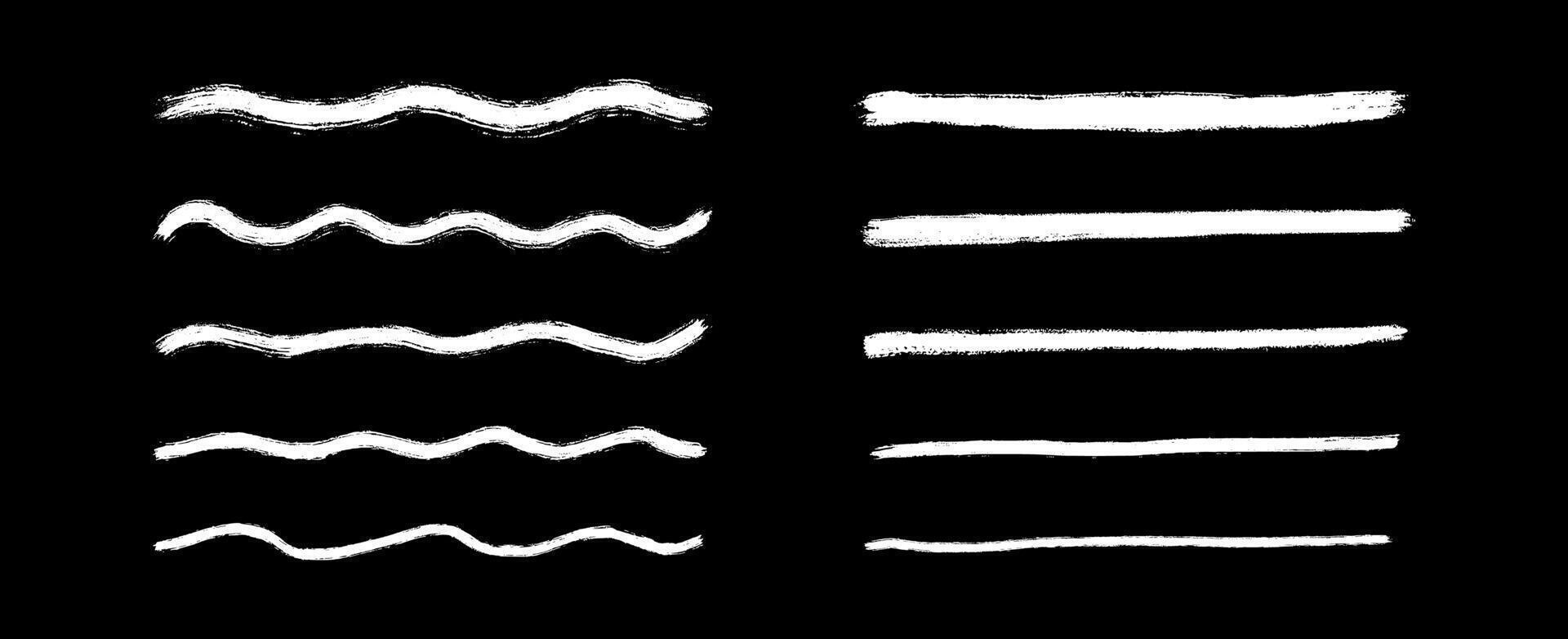 Straight and wavy chalk line set. Thin to thick sketch brush stroke collection. Rough paint curved stripes for highlight, underline, emphasis. Hand drawn white crayon chalk strips vector
