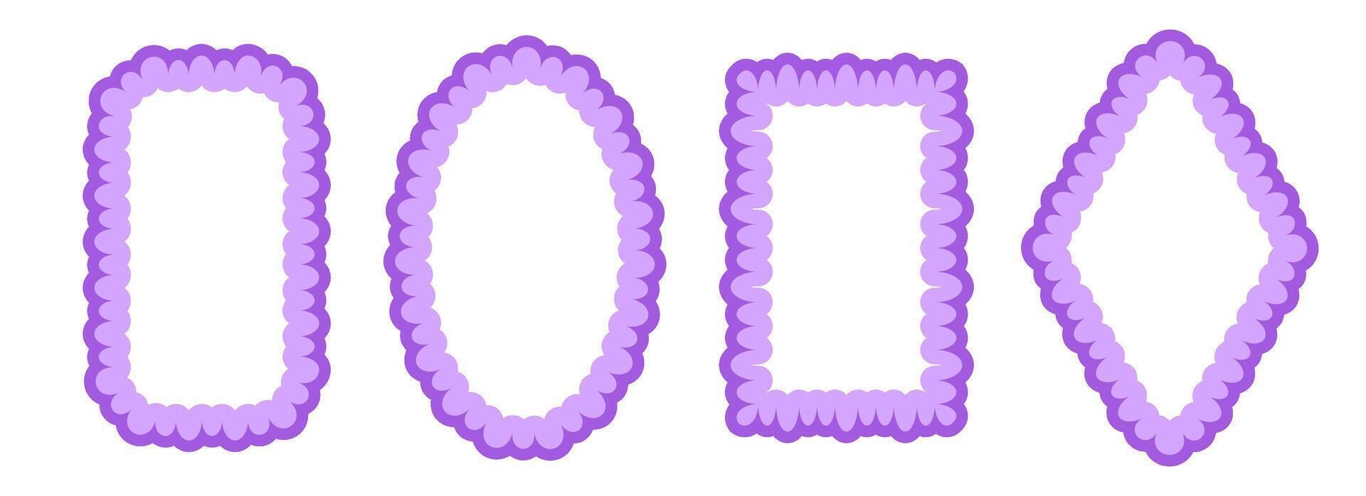Cute frill pattern frame set. Purple scalloped ellipse and rectangle border collection. Wavy lace edge shape in rococo style for decoration, text box, copy space. Wiggly coquette element pack vector