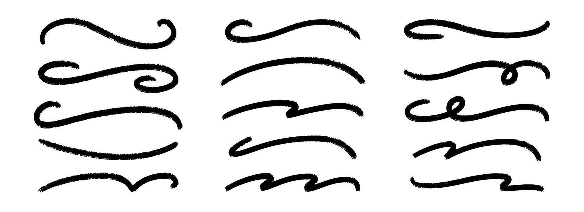 Wavy paint line set. Squiggle sketch brush stroke collection. Rough charcoal curved stripes for highlight, underline, emphasis. Hand drawn wave crayon chalk strips. Black swoosh bundle vector