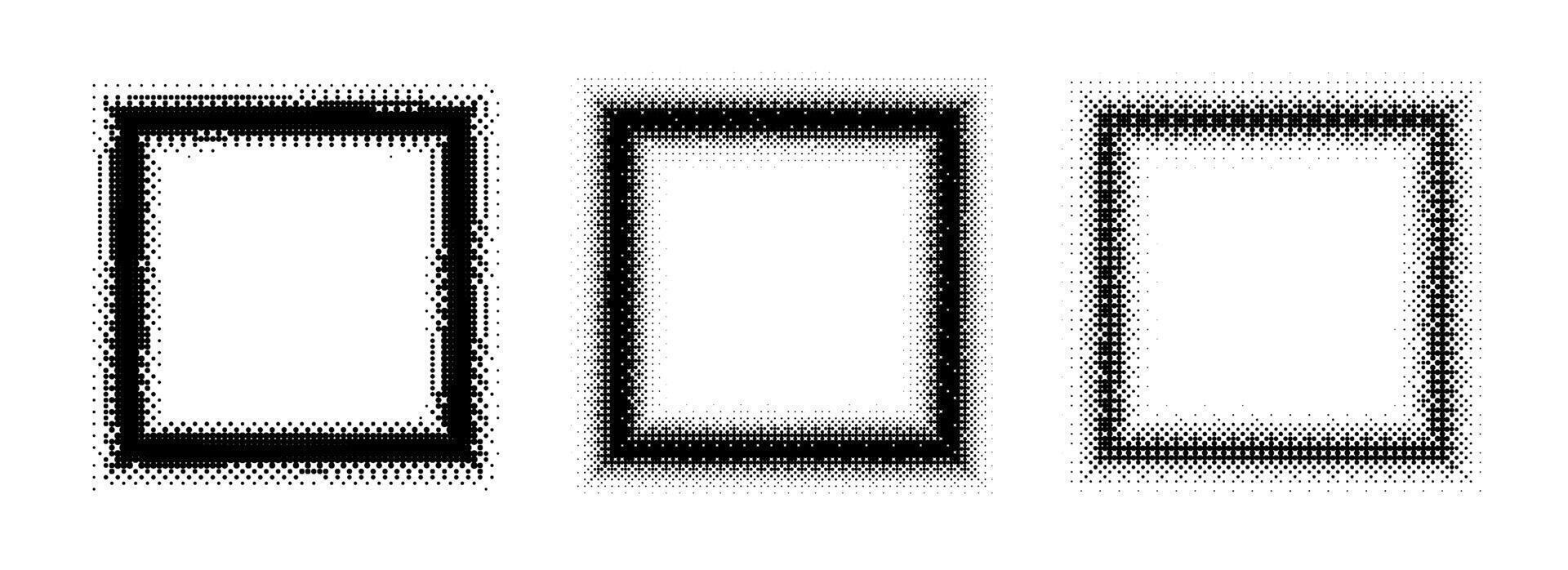 Black halftone square frame set. Dotted 8 bit gradient border collection. Pop art comic picture holder design for banner template, emblem, poster, box, copy space. Raster videogame element pack vector