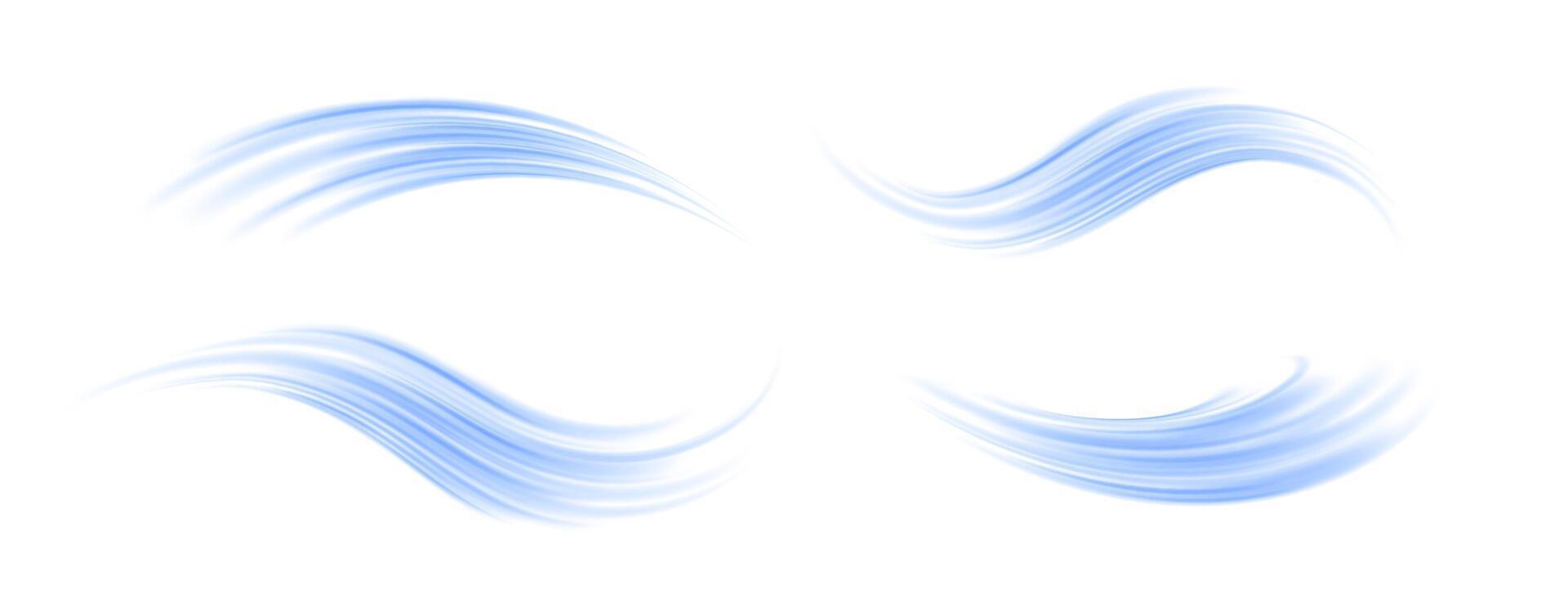 Blue wind line element set. Light curve speed effect collection. Air stream flow wavy motion trace. Blowing wind wave concept. Swoosh and swirl stripe path design illustration. Swash bundle vector