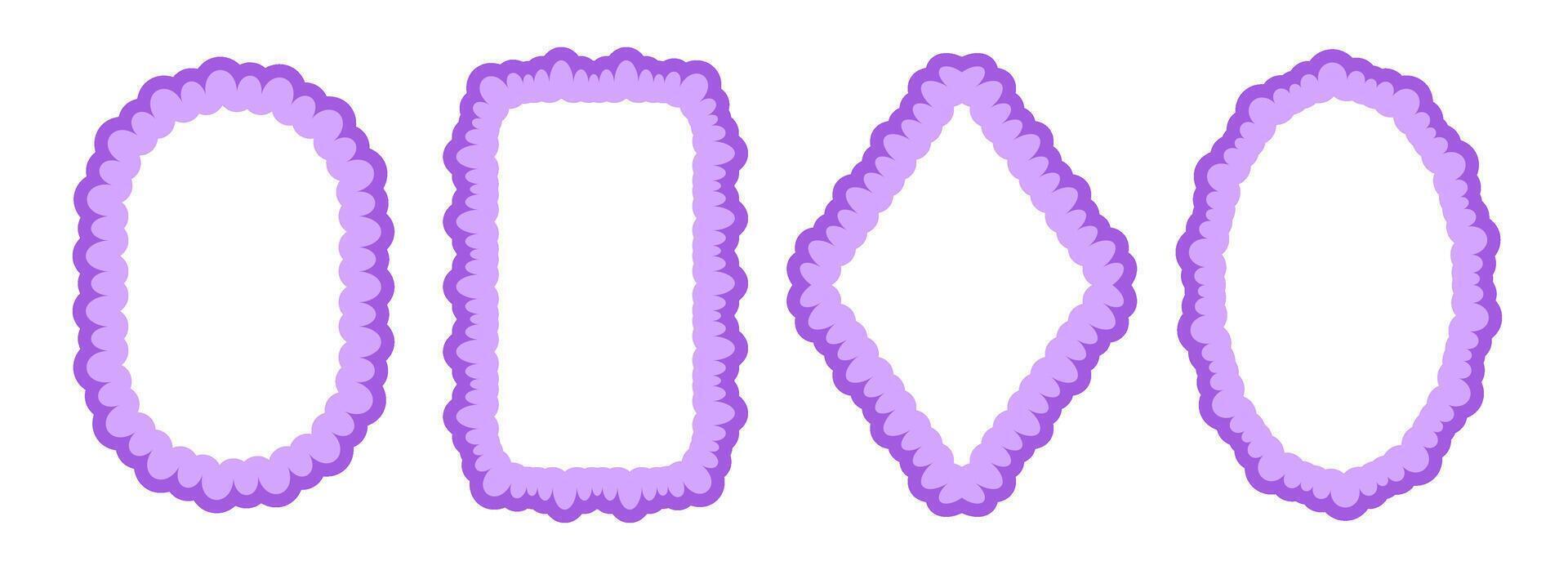 Cute frill pattern frame set. Purple scalloped ellipse and rectangle border collection. Wavy lace edge shape in rococo style for decoration, poster, banner. Wiggly coquette element pack. vector