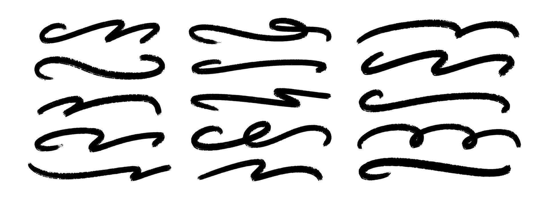 Wavy paint line set. Squiggle sketch brush stroke collection. Rough charcoal curved flourishes for highlight, underline, emphasis. Handdrawn wave crayon chalk strips. Black swoosh stripe bundle vector