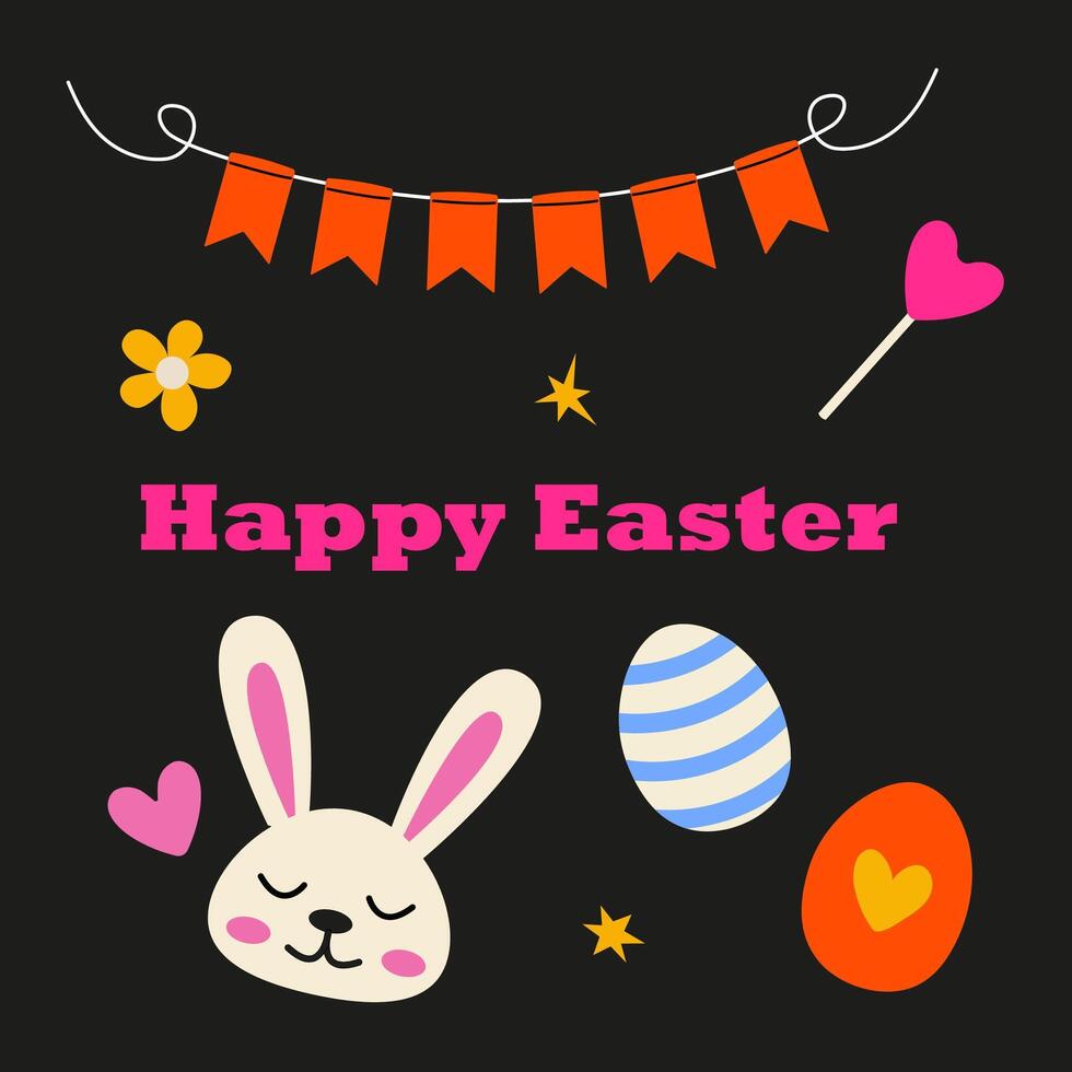 Colorful Easter decorations with bunny, eggs, and festive elements for celebration vector