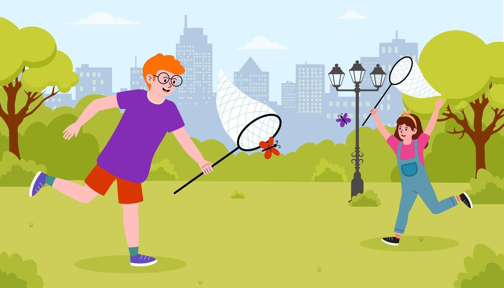 Children playfully chase butterflies in a city park during a sunny day vector