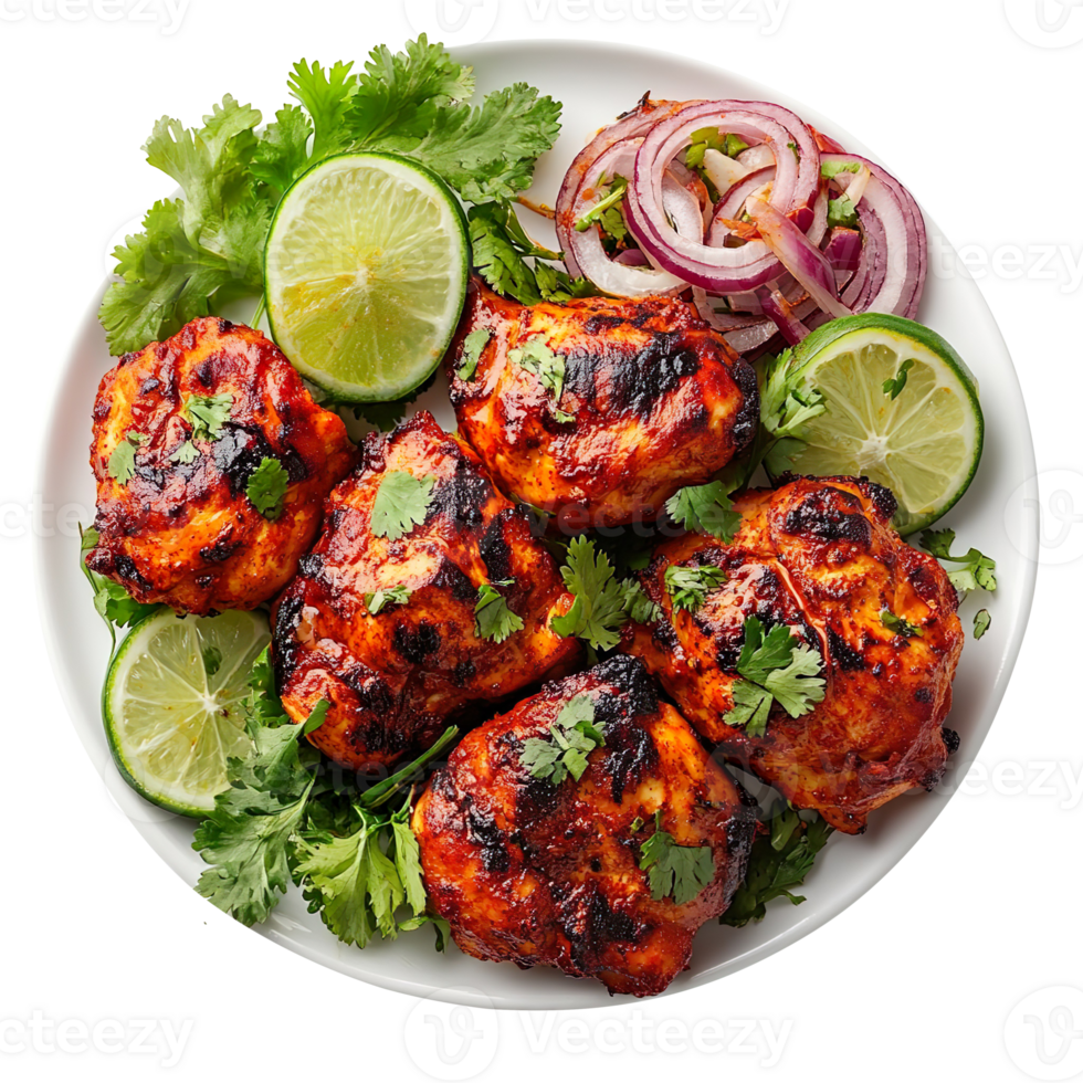 Tasty tandoori chicken plate isolated on transparent background png