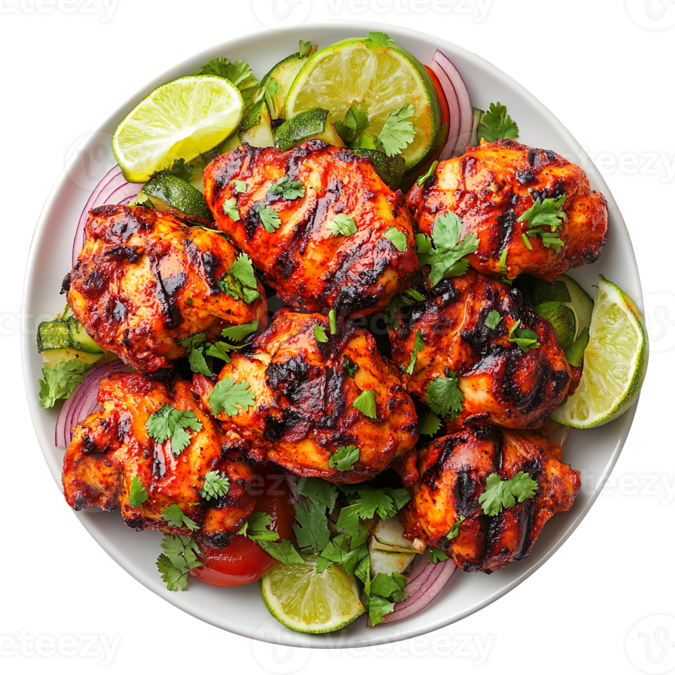 Tasty tandoori chicken plate with vegetable and lime slices isolated on transparent background png