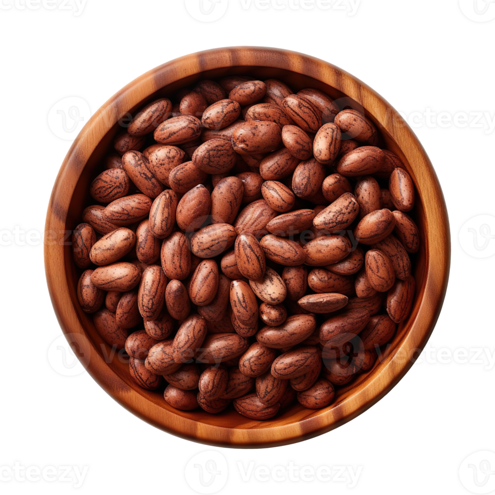 Top view of a bowl of cocoa beans isolated on transparent background png