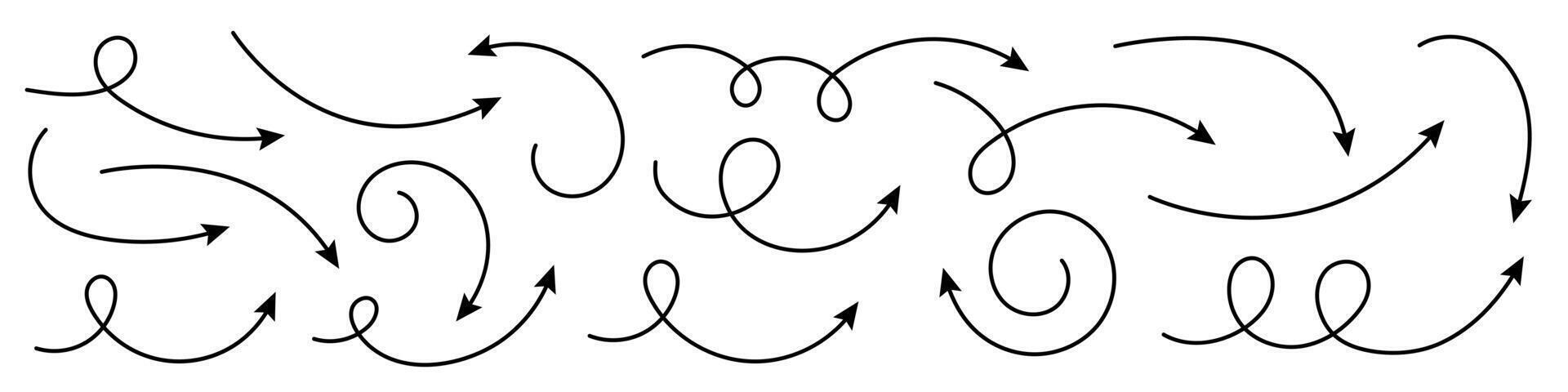 Hand drawn curved arrows. Set of curved hand drawn arrows. vector